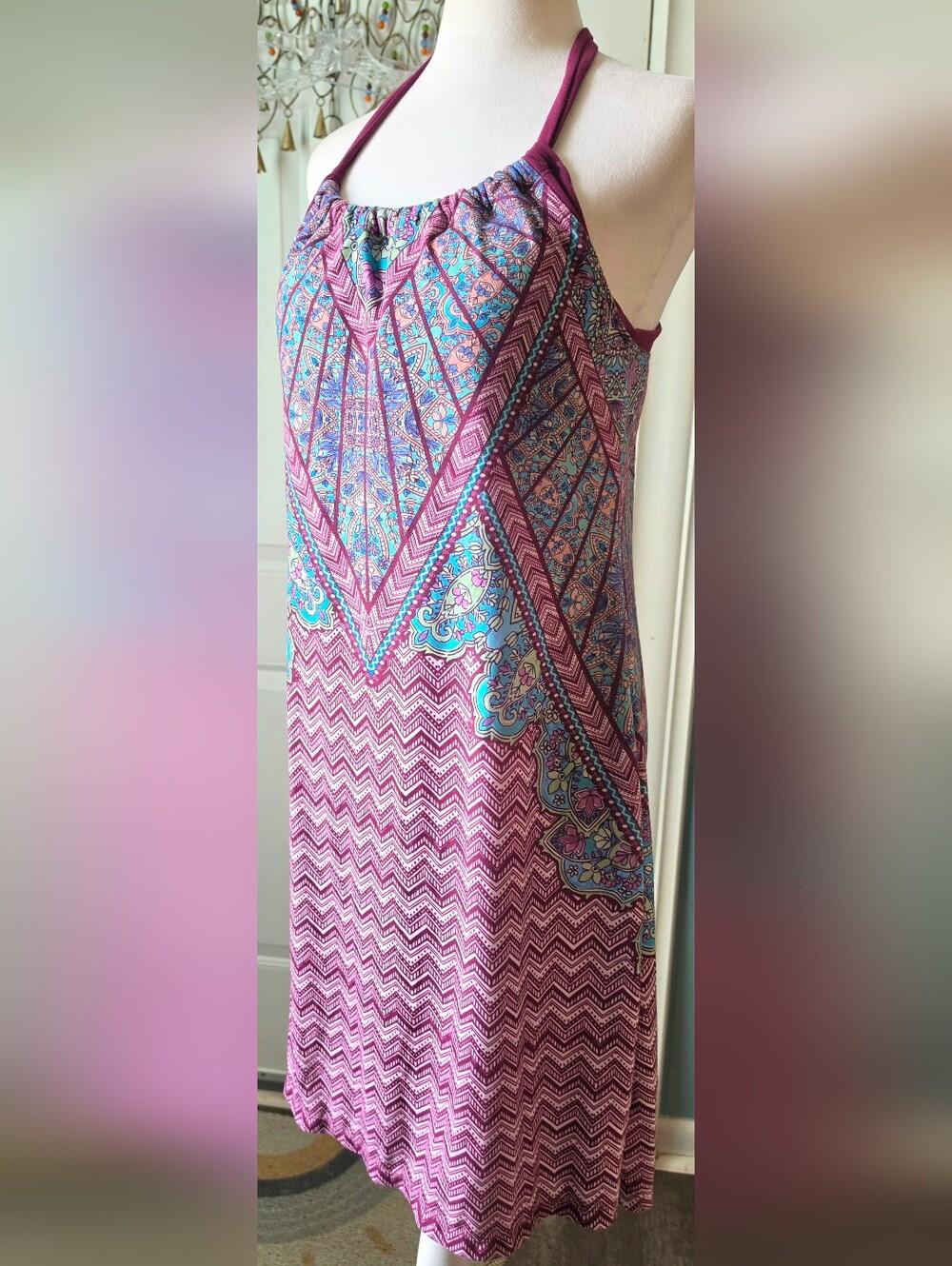 Prana Quinn Racerback Shelf Bra Midi Dress Women's L Purple Teal Grapevine Samba